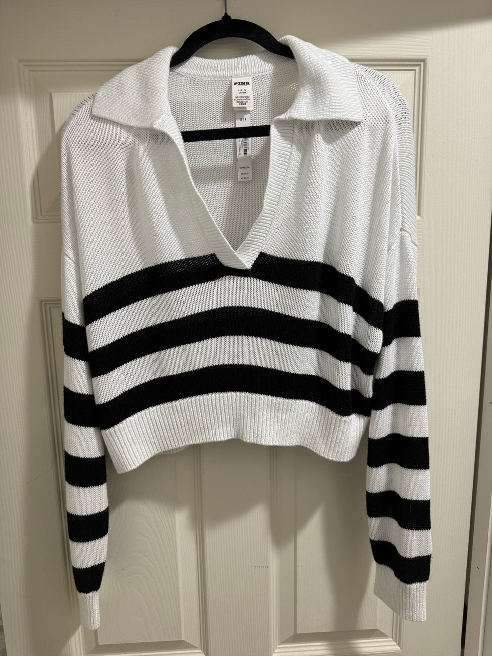 PINK Victoria's Secret White and Black Striped V-Neck Collared Sweater
